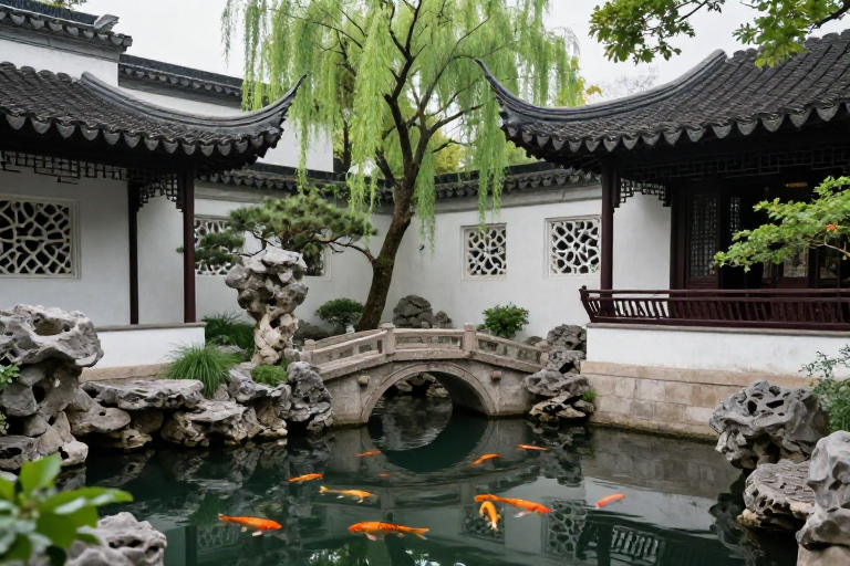 江南园林静谧景：青灰黛瓦映锦鲤