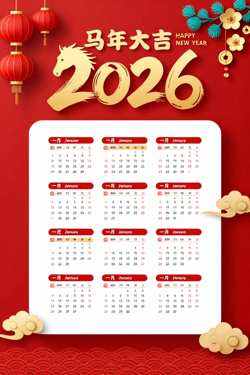 2026丙午马年新日历海报：喜庆中国风设计