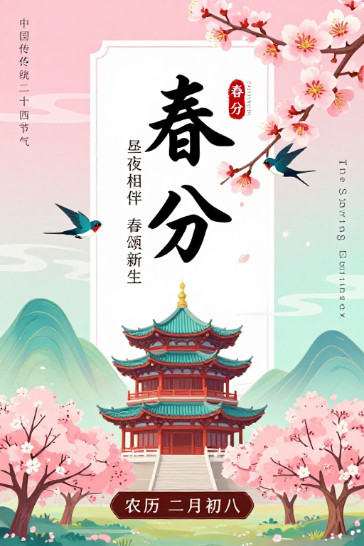 春分·中国风节气海报：樱花燕子与书法艺术