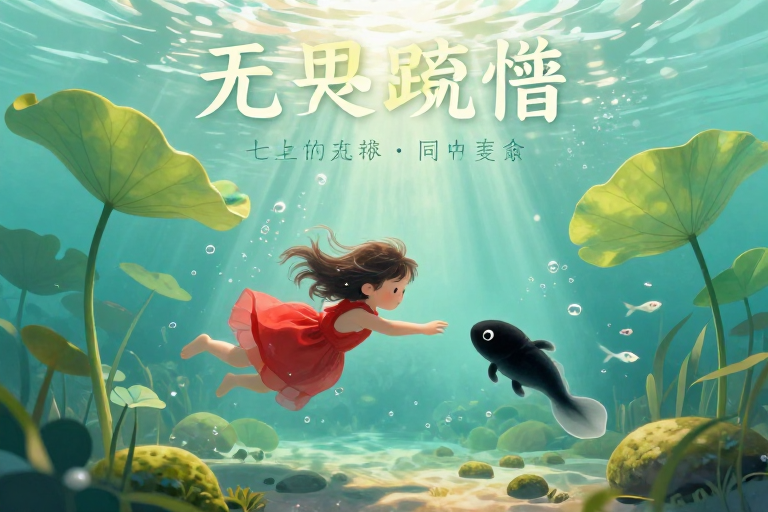 梦幻水下童话：红裙少女与黑蝌蚪的邂逅