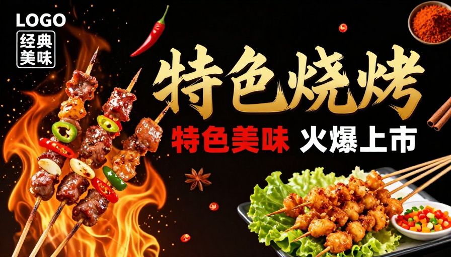 食欲冲击：特色烧烤金色立体美食海报