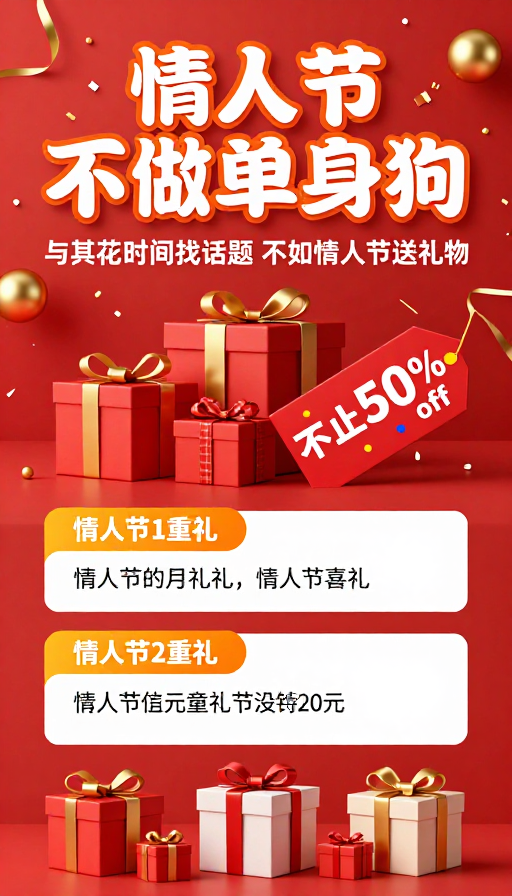 情人节促销海报 热烈送礼 拒绝单身