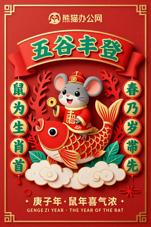 生肖鼠年中国风新年海报 传统剪纸立体艺术