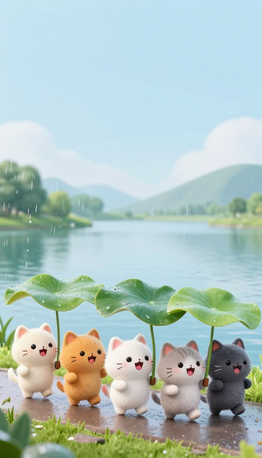 萌趣雨天：五只小猫咪撑伞合唱