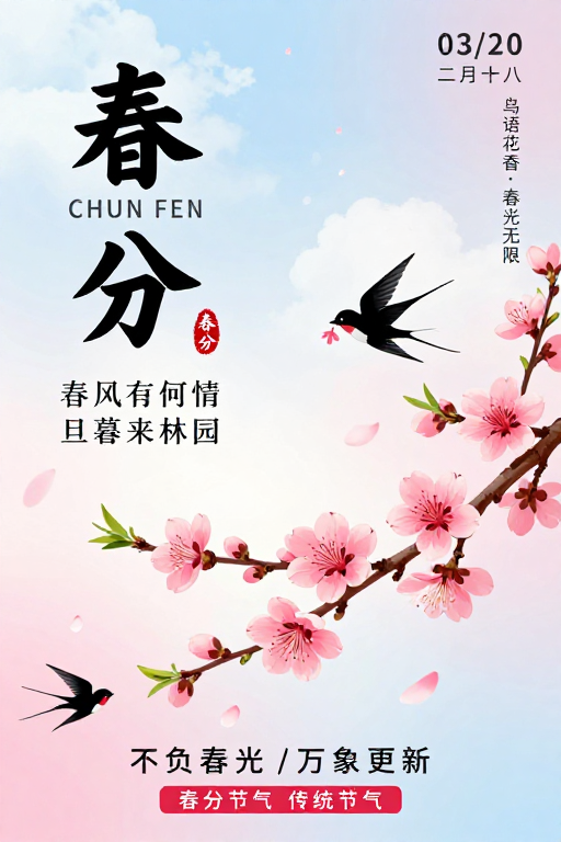 水墨桃花燕子春分海报设计