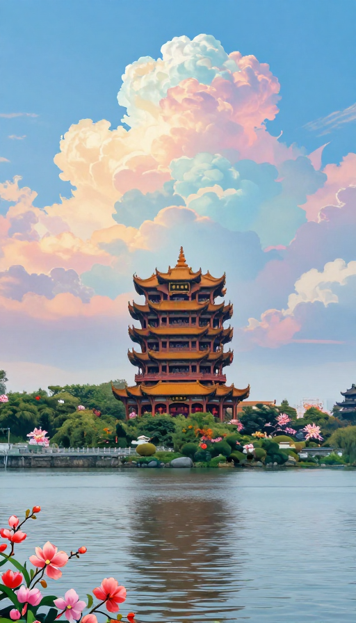 七彩祥云下的黄鹤楼与古塔