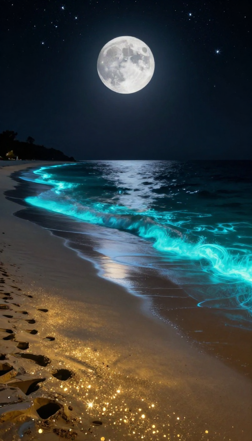 梦幻荧光海滩夜景：月光与星辰的浪漫交响