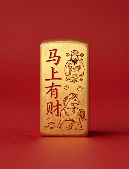 鎏金印章'马上有财':极简红底财神萌马插图