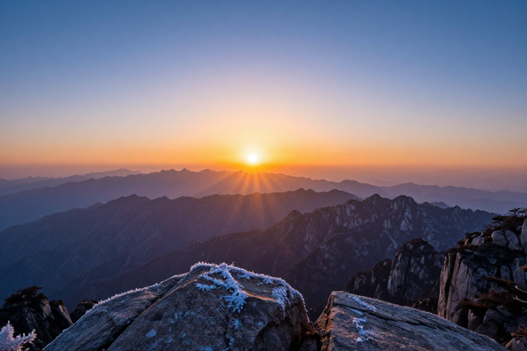 峰顶晨曦：霜岩与星芒交织的壮美日出