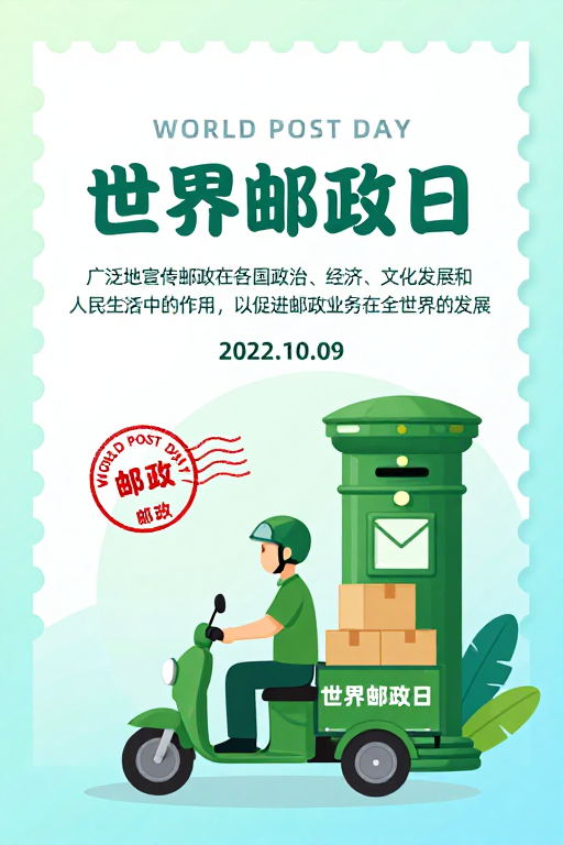清新蓝绿渐变世界邮政日扁平插画海报