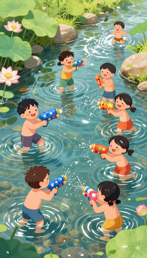 夏日童趣:插画风小溪玩水时光