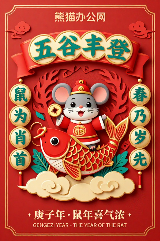 鼠年吉祥生肖海报：中国风剪纸与浮雕立体插画