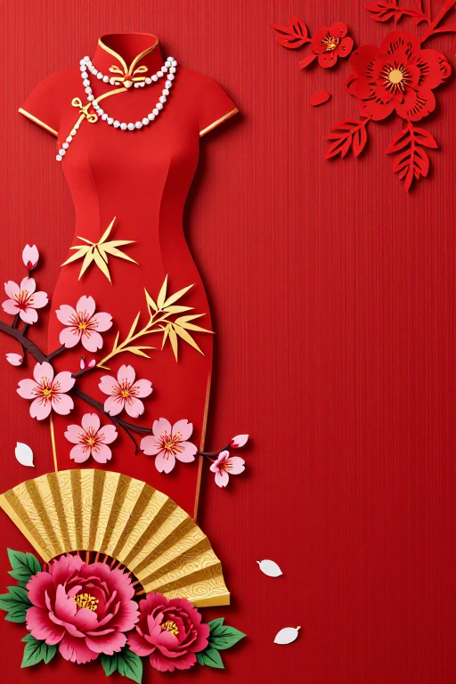 红色丝绸背景剪纸旗袍·传统节庆美学艺术图
