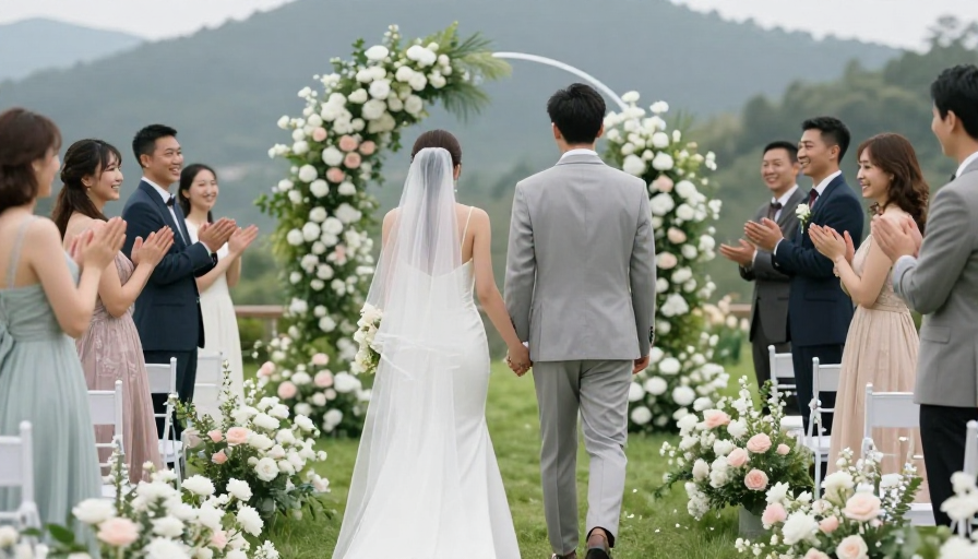 幸福时刻:亚洲新人在花园中携手走向未来