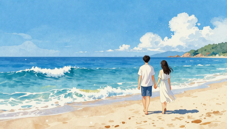 东方治愈：高饱和水彩手绘海滩情侣背影插画
