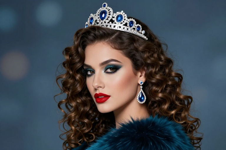 高定蓝调：青绿眼影与红唇的奢华侧影