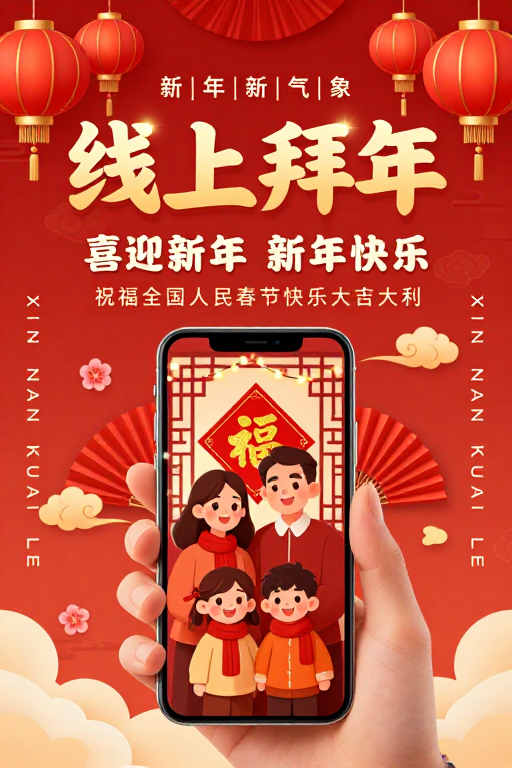 中国风新年线上拜年海报,金红宫灯福字传递喜庆团圆