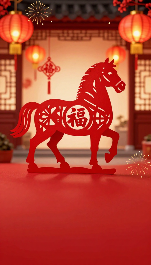 喜庆剪纸红马:中国风节庆主视觉