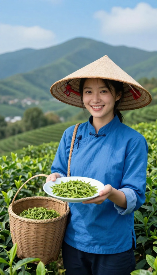 清新茶园里微笑的采茶女