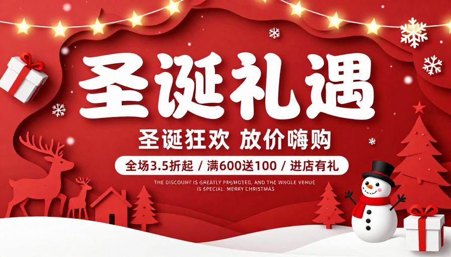 红色剪纸艺术圣诞促销海报