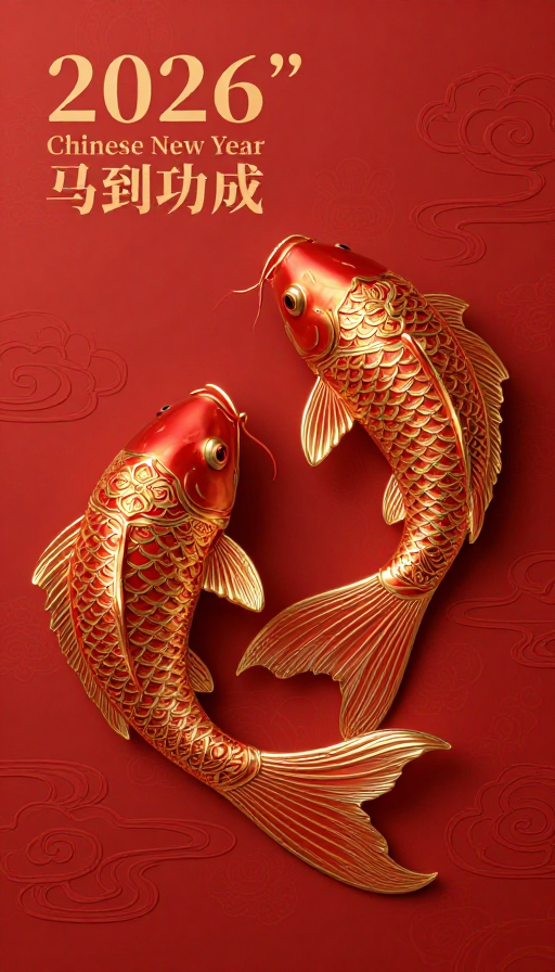 2026丙午马年:朱砂红金线锦鲤祥瑞中国风插画