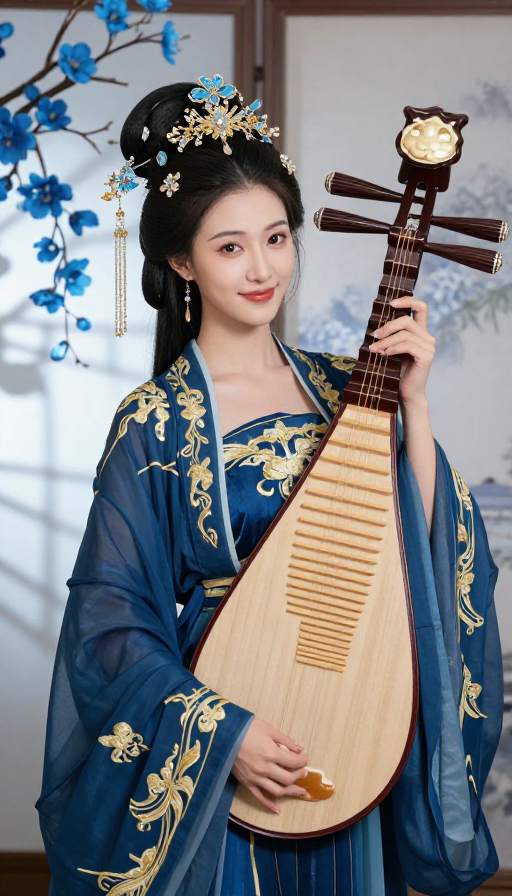 深蓝金绣汉服琵琶女子古风肖像