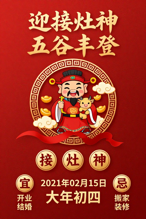 传统灶神迎福:春节吉祥插画