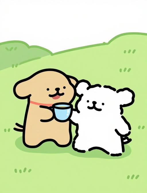 温馨治愈：棕白小熊草坪上的悠闲茶水时光