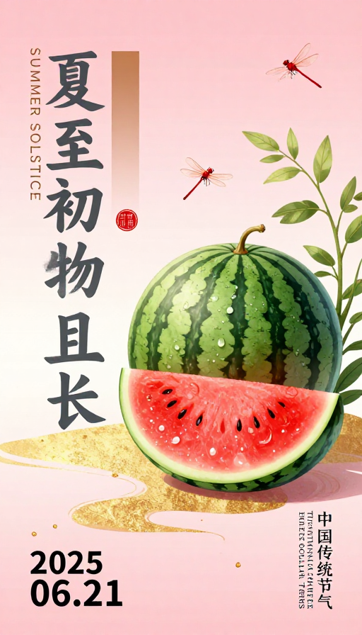 新国风夏至海报:粉金渐变与清新夏日插画
