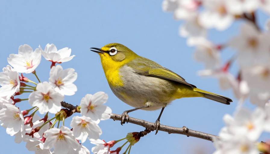 春日樱枝上的黄腹灰背鸟