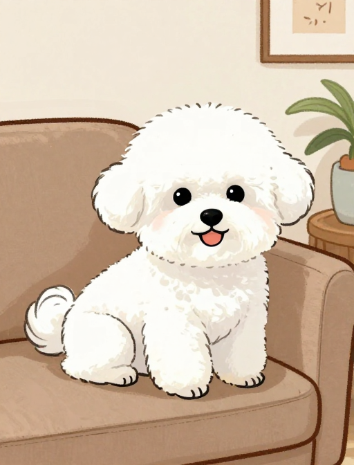 国潮风格白色比熊犬居家沙发插画