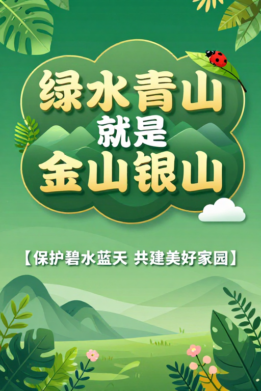 绿色生态公益海报：清新山水插画传递环保理念