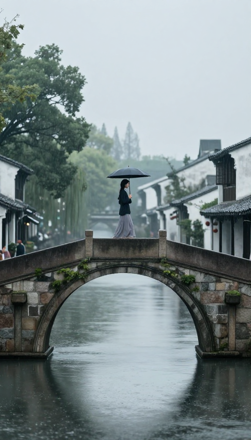 烟雨江南:古韵女子拱桥漫步图