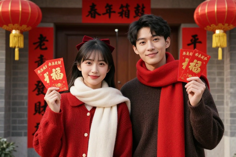 新春福运：暖红色调下的喜庆合影
