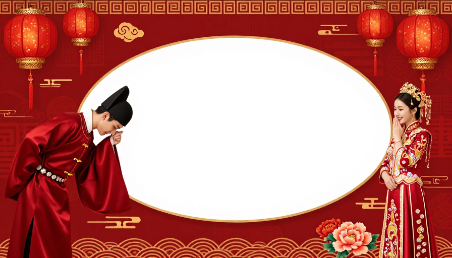 喜庆中式婚礼背景图，正红金饰留白中心