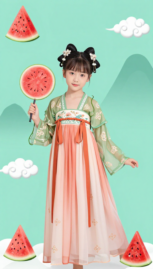 国潮西瓜仙子:青绿山水中的汉服少女与瓜藤云纹