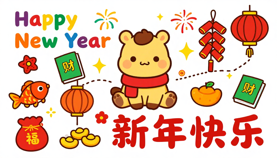新春祝福:卡通小马与多彩春节元素插画