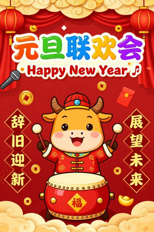 手绘风元旦联欢会海报，喜庆卡通牛鼓舞迎新