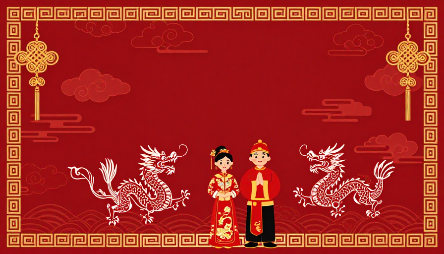 红金龙凤喜庆婚俗插画背景设计