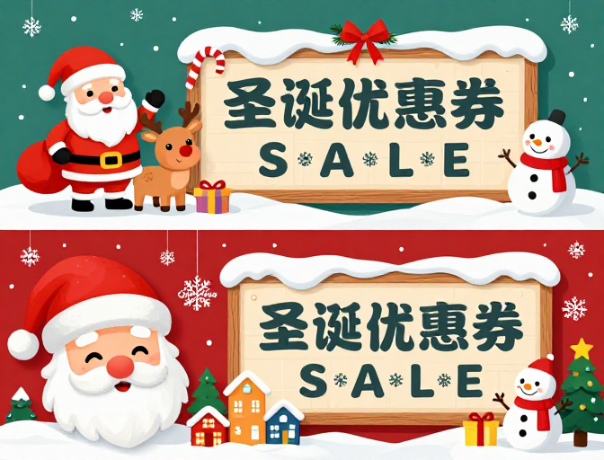 圣诞童趣促销海报:红绿双景插画风格