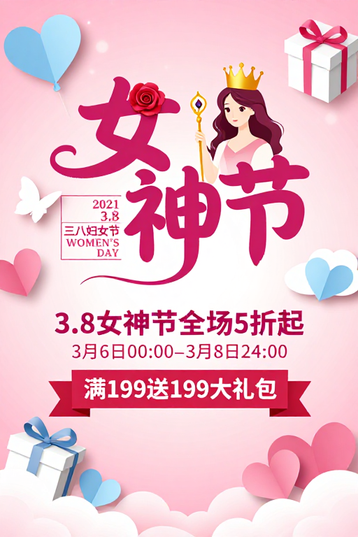 甜美纸艺女神节海报:玫红渐变背景与促销设计