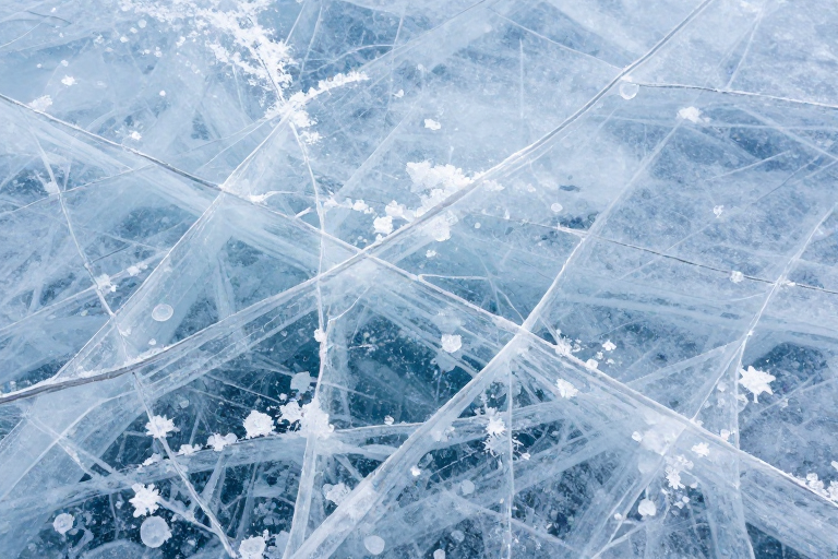 晶莹冰面裂纹：冷调光影下的通透质感