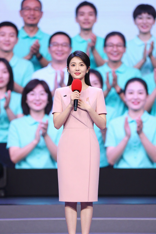 粉裙主持人舞台亮相 温暖纪实人像摄影