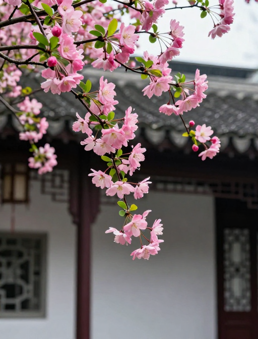 江南庭院海棠盛放,粉花绿叶露珠晶莹