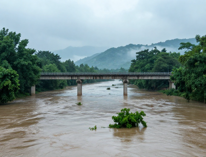 暴雨后浑浊河流与旧桥：自然警示纪实