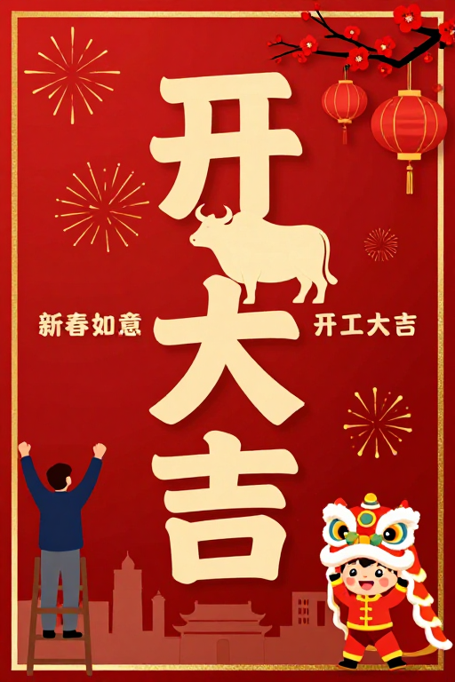 新春开工大吉：传统插画与节日氛围融合设计
