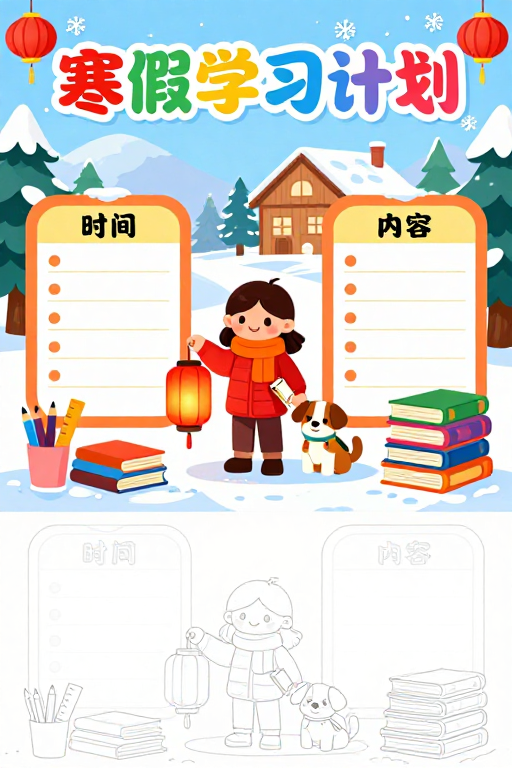 寒假学习计划手绘海报：童趣冬日校园风