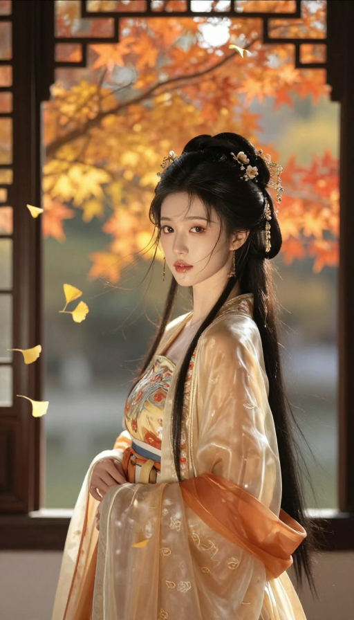 古窗秋色绘诗意:华美汉服少女静立