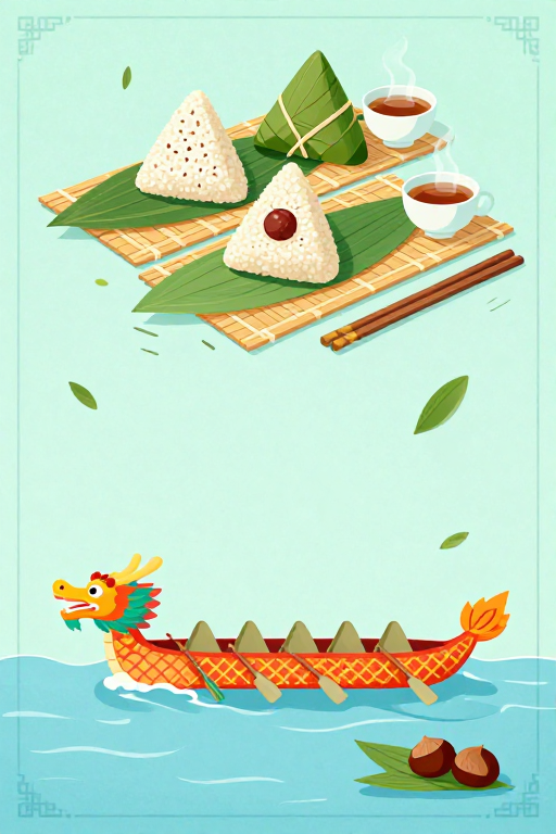 端午雅韵:青绿粽香龙舟插画
