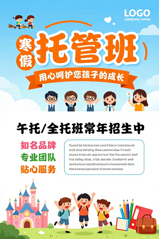童趣寒假托管班招生海报,温馨专业守护成长